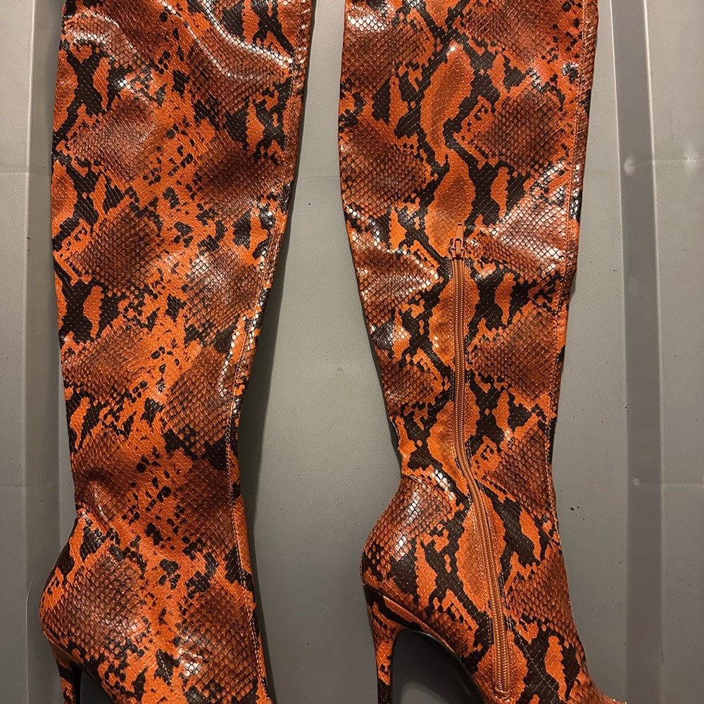 Orange Snakeskin Pattern Knee-High Boots